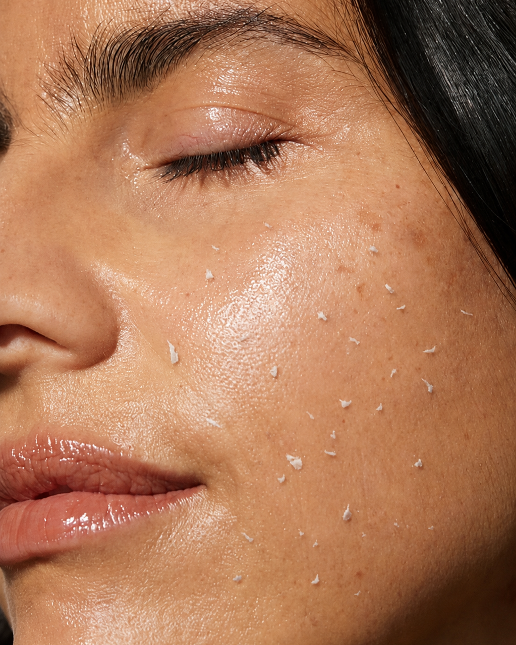 dead skin on face rolling off from gentle liquid kbeauty exfoliator spray.  