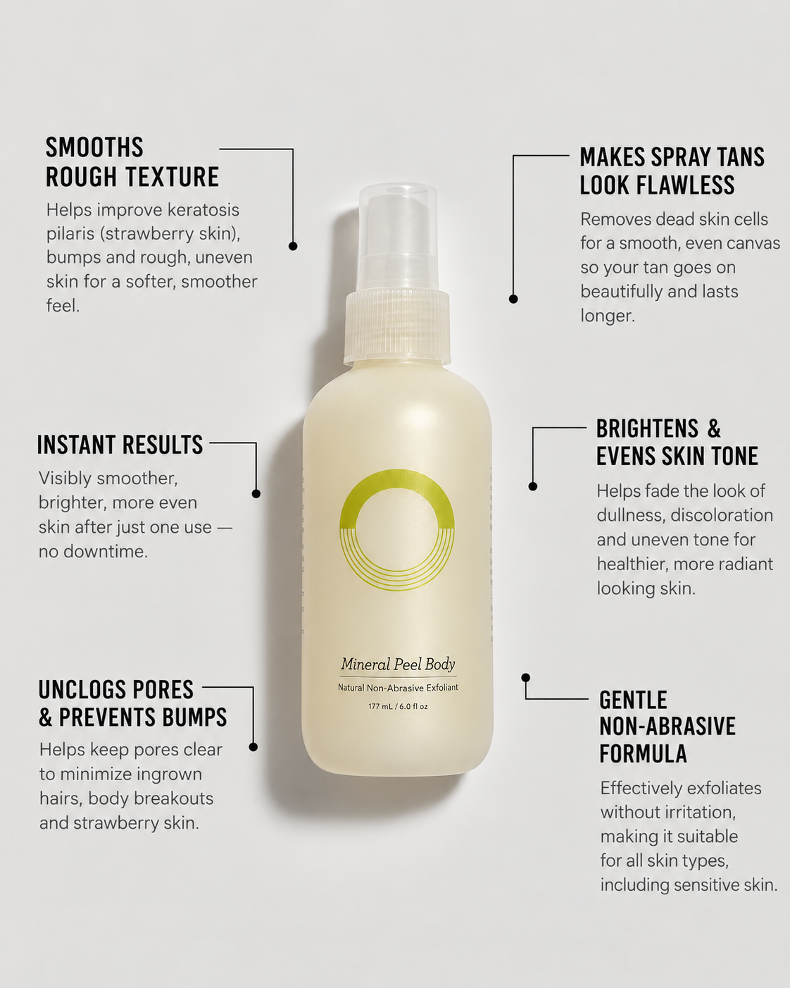 mineral peel body smooths rough texture, makes spray tans look flawless, instant results, brightens and evens skin tone, unclogs pores and prevents bumps.