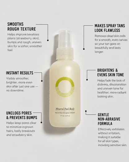 mineral peel body smooths rough texture, makes spray tans look flawless, instant results, brightens and evens skin tone, unclogs pores and prevents bumps.