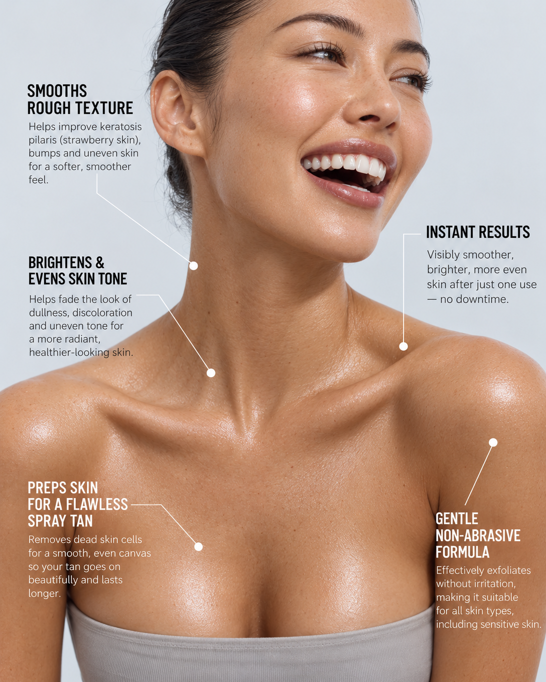 mineral peel body smooths, brightens, and preps skin for flawless spray tan, and makes skin so glowing.